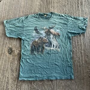 VINTAGE 90S PRAIRIE MOUNTAIN T-SHIRT ANIMAL NATURE BEAR MOOSE FADED GREEN MEN XL